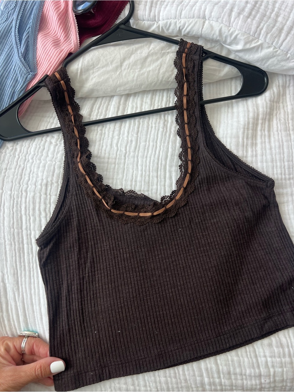 aerie Brown Ribbed Lace-Trim Crop Tank